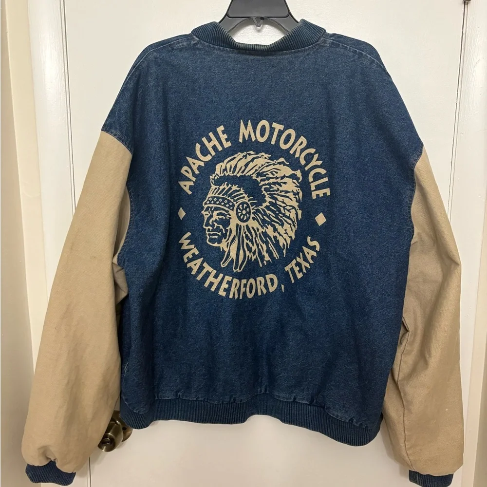 VTG 90s Four Seasons Apache Motorcycle Weatherford Texas Denim Varsity Jacket XL - Picture 3 of 9